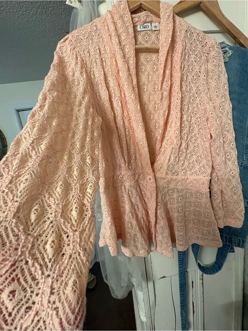Cato Peach Crochet Openwork Cardigan with Shawl Collar